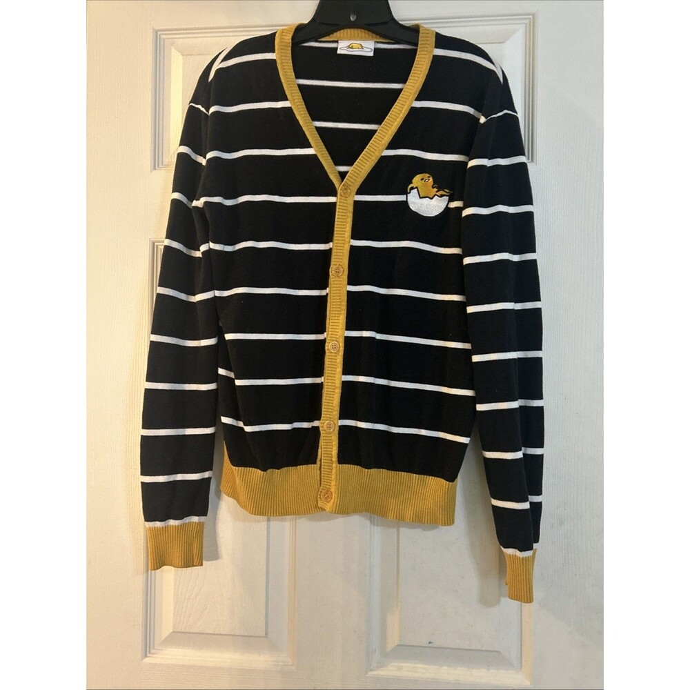 Sanrio Gudetama Lazy Egg Striped Cardigan Sweater Kawaii Sz L Black Gold